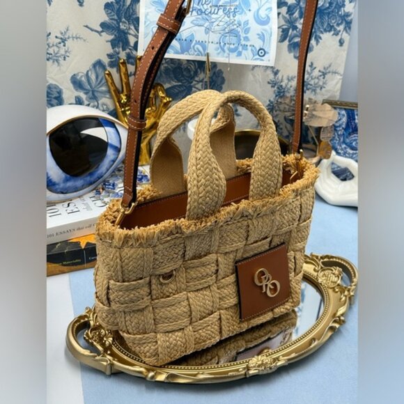 🆕 OROTON 🧿 NWOT Calypso Small Woven Straw Crossbody Tote, Natural & Saddle - Picture 4 of 16